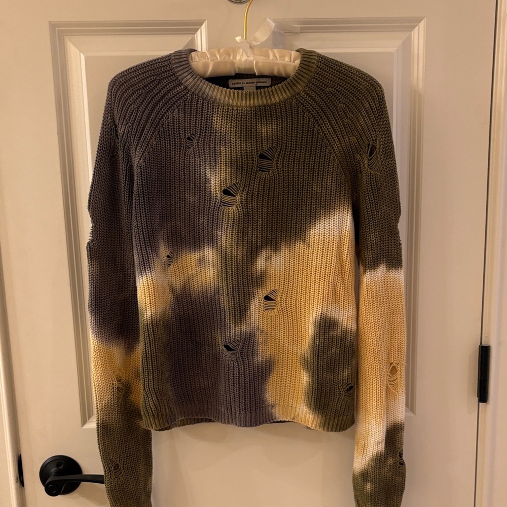 Autumn Cashmere Tie-Dye Distressed Crewneck Sweater - Olive/Yellow/Cream. Size S